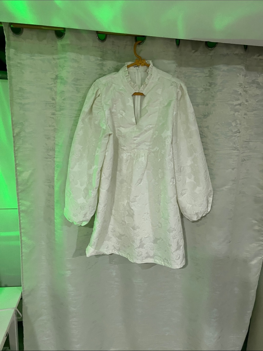 White Long-Sleeve Floral Jacquard Mini Dress with Ruffle Neck